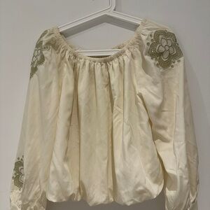 Cream Blouse with Olive Embroidery